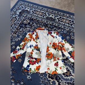 Cute red floral blazer, with gold buttons!